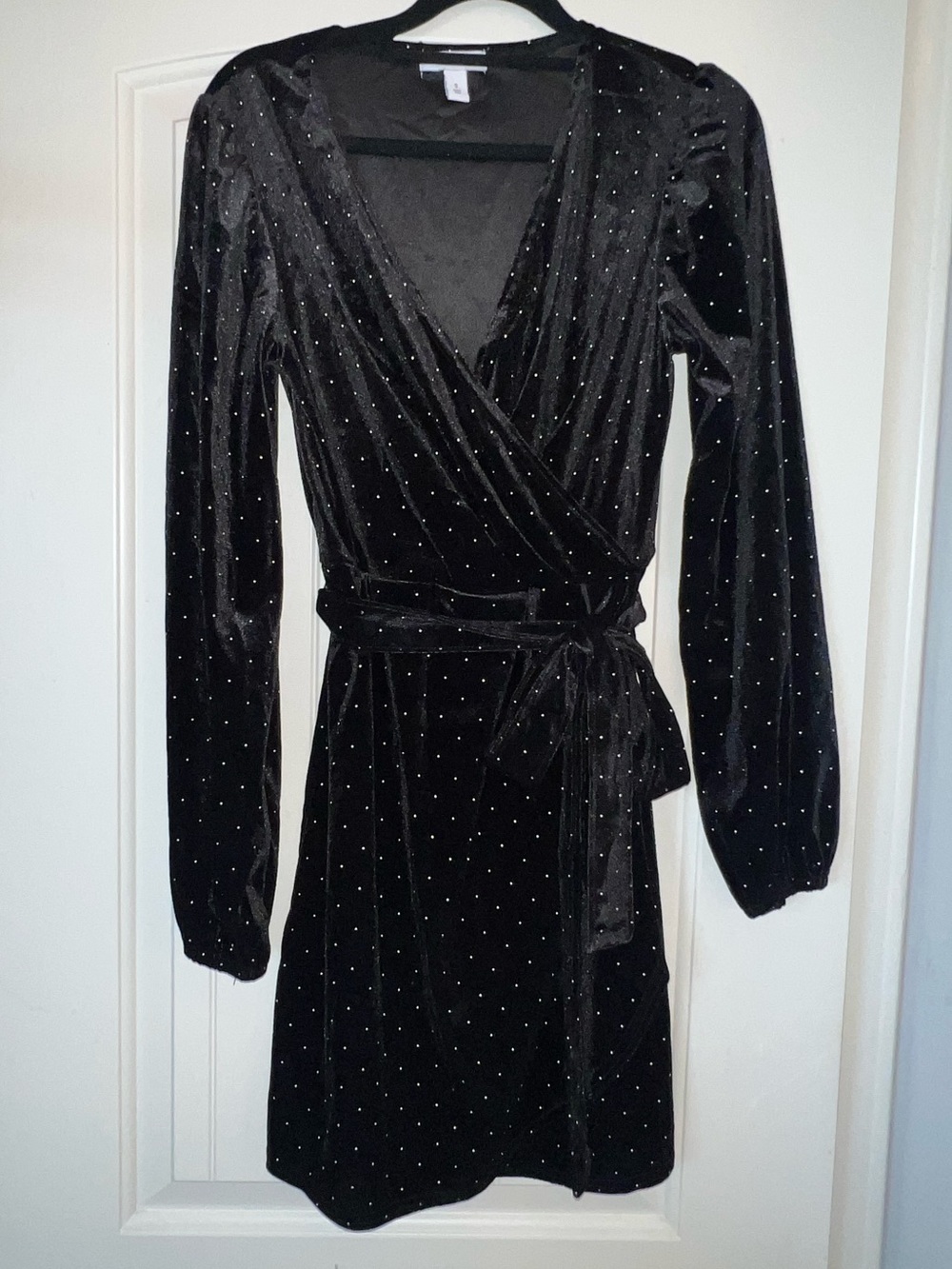 Ninewest Black Velvet Wrap Dress with Sparkle Studs ~ Size Small